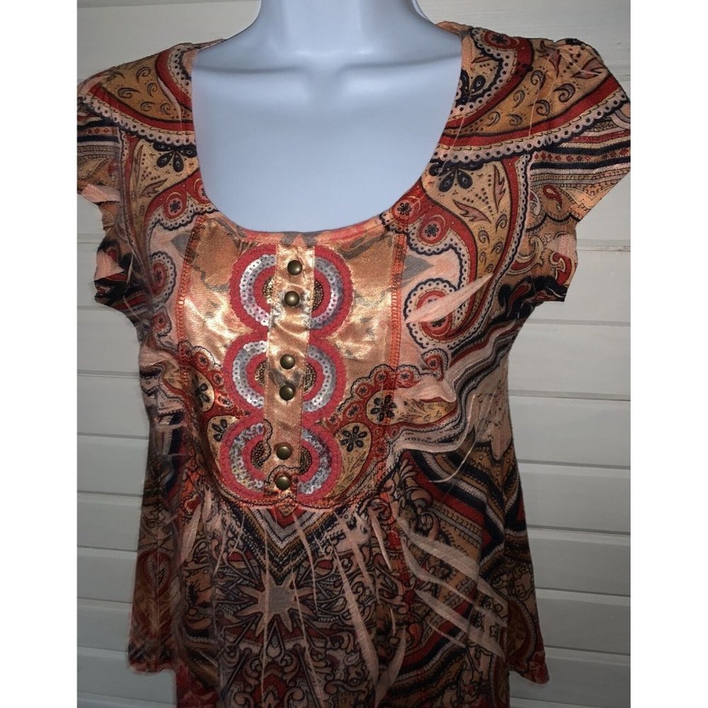ONE WORLD Sz PETITE MEDIUM Coral Peach S/S Studs Sequins Bling Tunic Top EUC